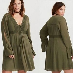 Torrid Olive Green Gauzy Crinkle Slit Sleeve Boho Dress Size 2X